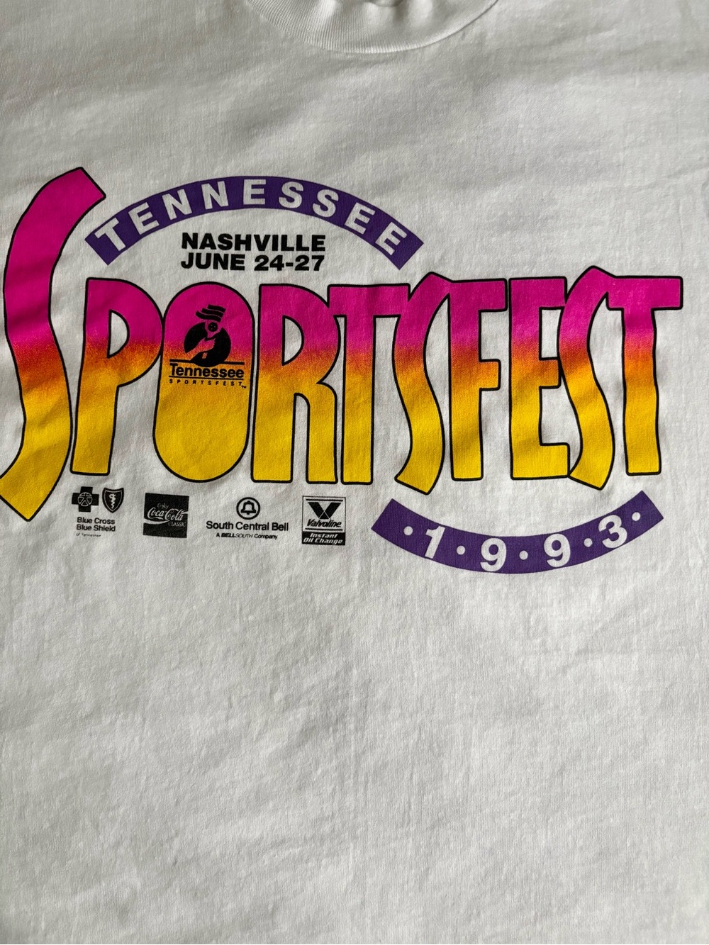 Tennessee Sportsfest 1993 Graphic Tee - White with Pink/Yellow/Purple Print - Picture 2 of 5